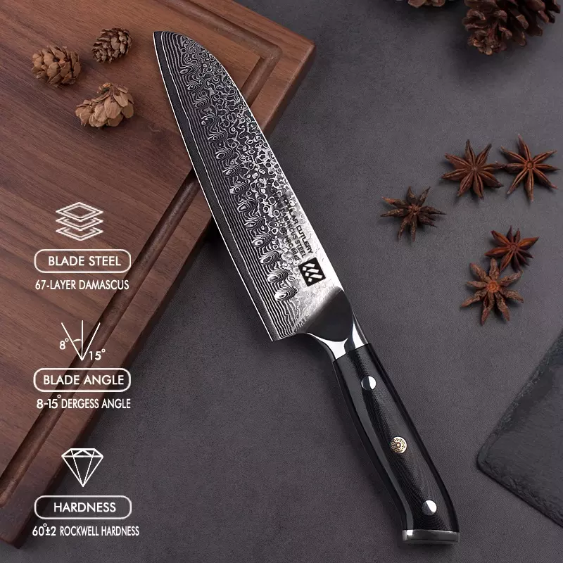 SANMUZUO Cuchillo Santoku de 7 pulgadas - Cuchillo japonés de chef - Mango  de acero y resina de Damasco martillado - Serie YAO
